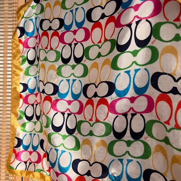 Multicolored silk Coach square scarf with yellow border - Picture 4 of 4
